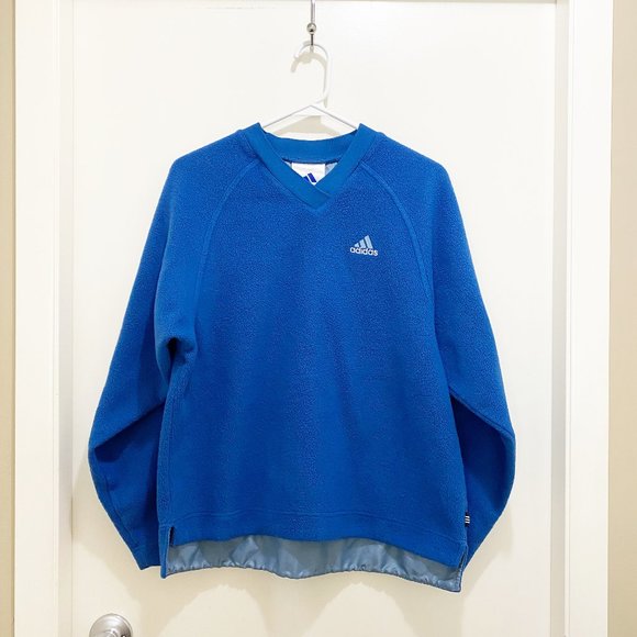 Adidas Raglan High-Low Fleece V-Neck Long Sleeve Pullover Sweater Medium Blue - Picture 2 of 7